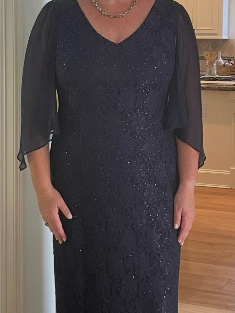 connected apparel Navy Lace Evening Dress with Sheer Flutter Sleeves